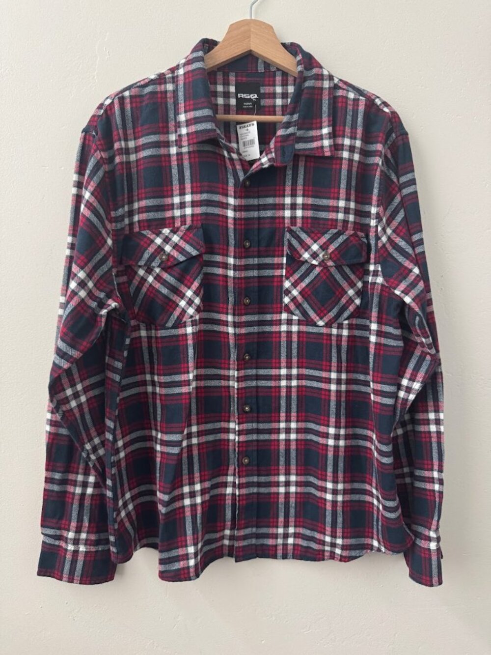 RSQ Tillys Mens Plaid Flannel Shirt M Navy Red Long Sleeve Button Down NWT Cabin